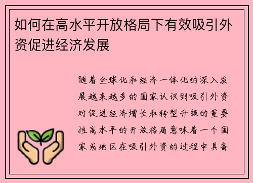 如何在高水平开放格局下有效吸引外资促进经济发展